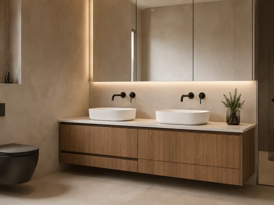 A scene of a timber detail floating vanity with crisp white counters and elegant mirrors