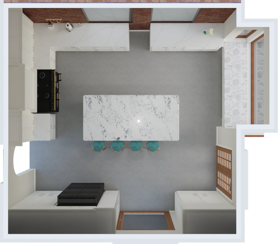 A 3D kitchen render displaying great use of layout