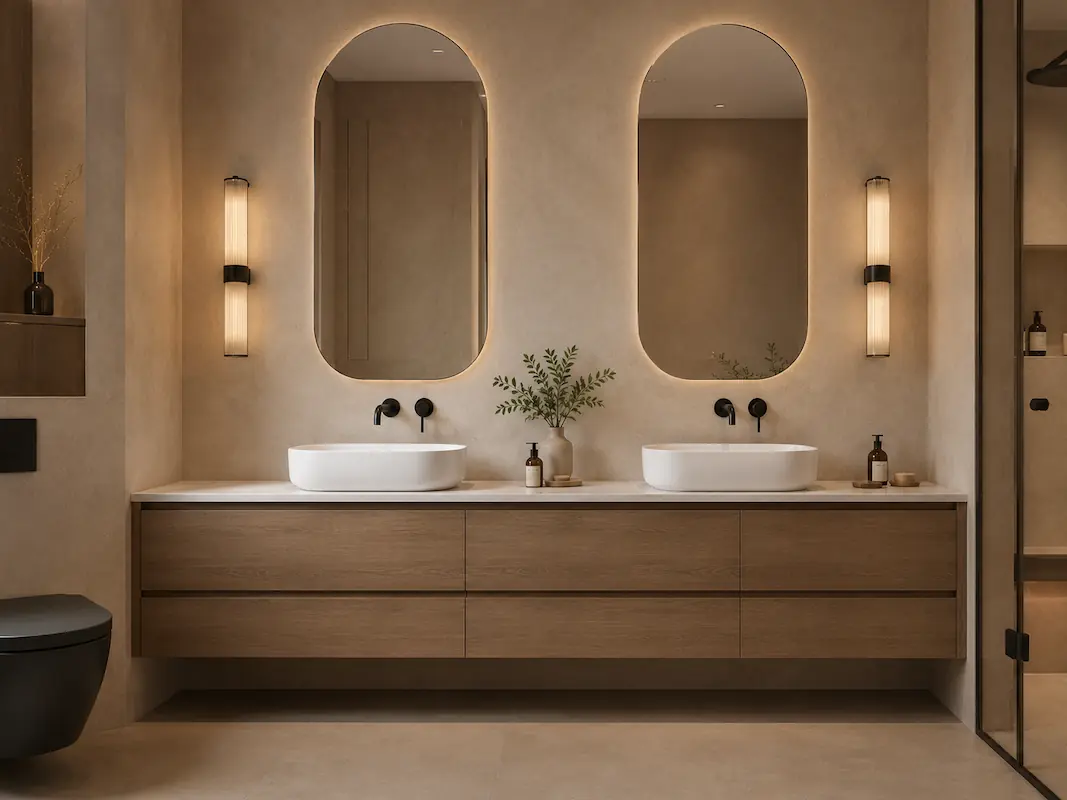 A luxurious floating vanity with horizontal wood grain detail and elegant muted white counter top