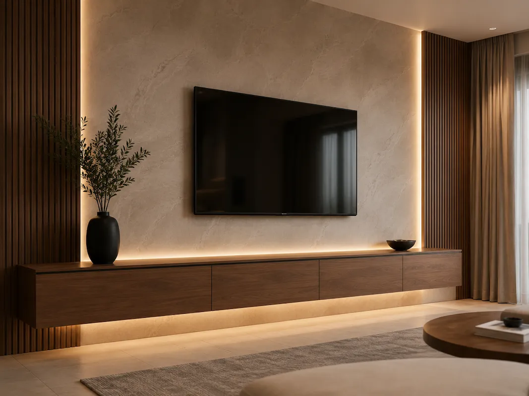 A modern floating TV unit with warm timber panelling detail and LED lighting