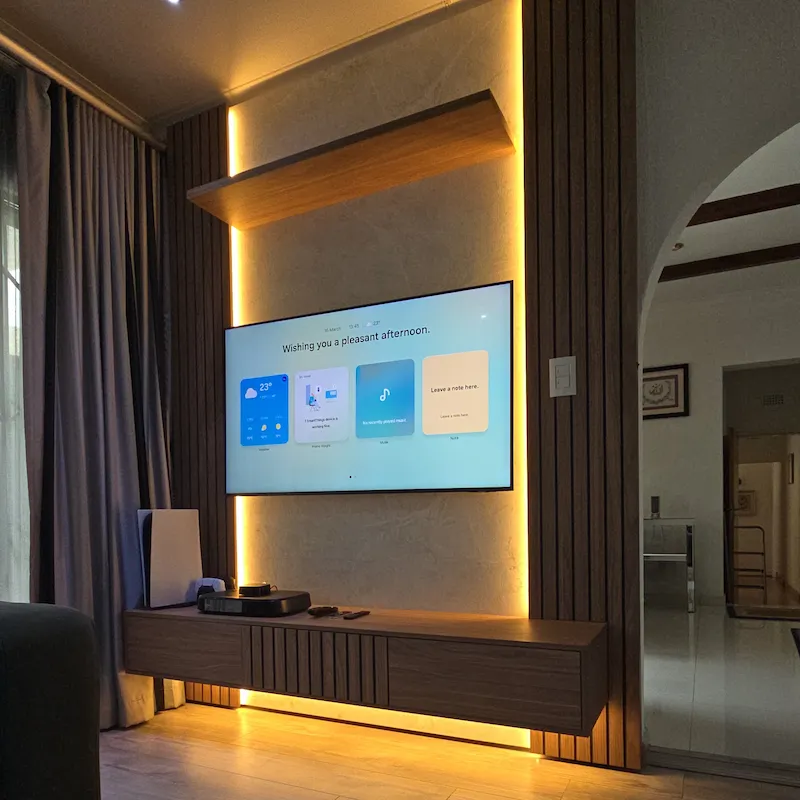 A modern floating TC unit with Warm white LED lighting and natural timber elements