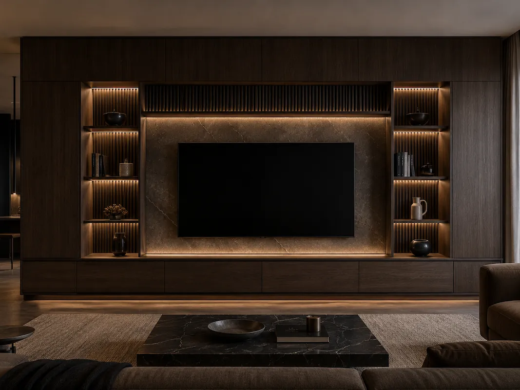 A rich and sophisticated TV unit with elegant timber detail and warm white LED lighting