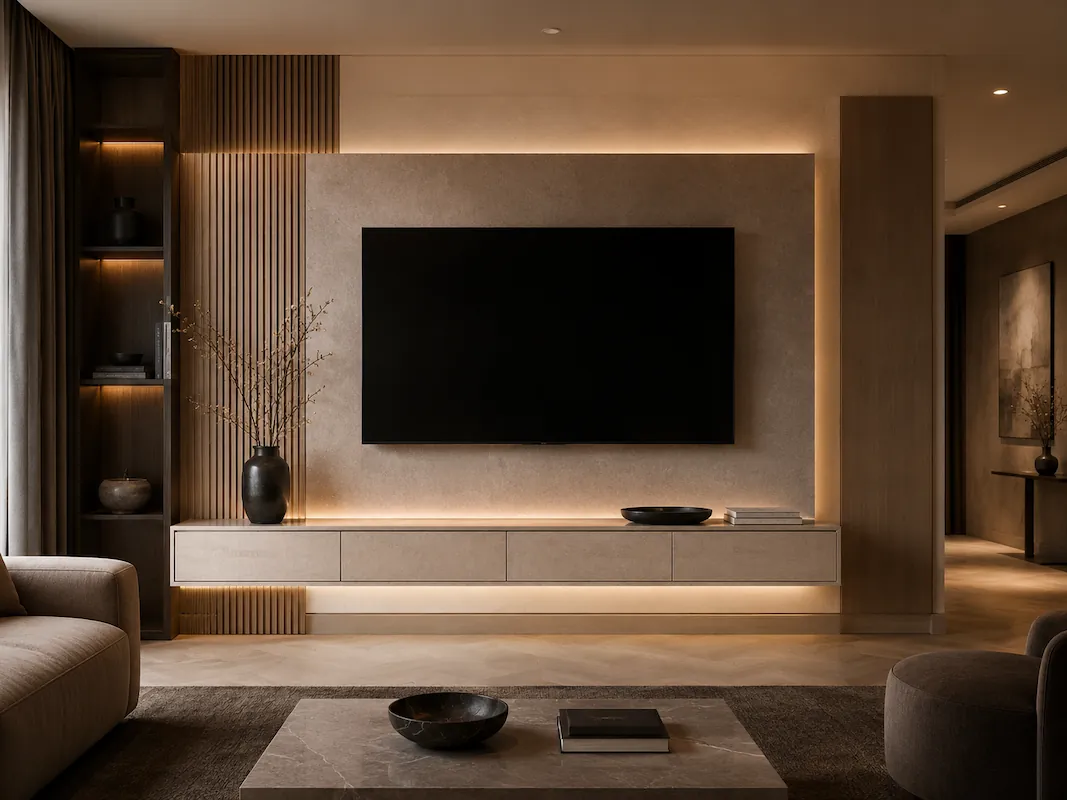 An elegantly set TV wall unit with complimenting finishes of natural timber and stucco detail finished with soft LED lighting
