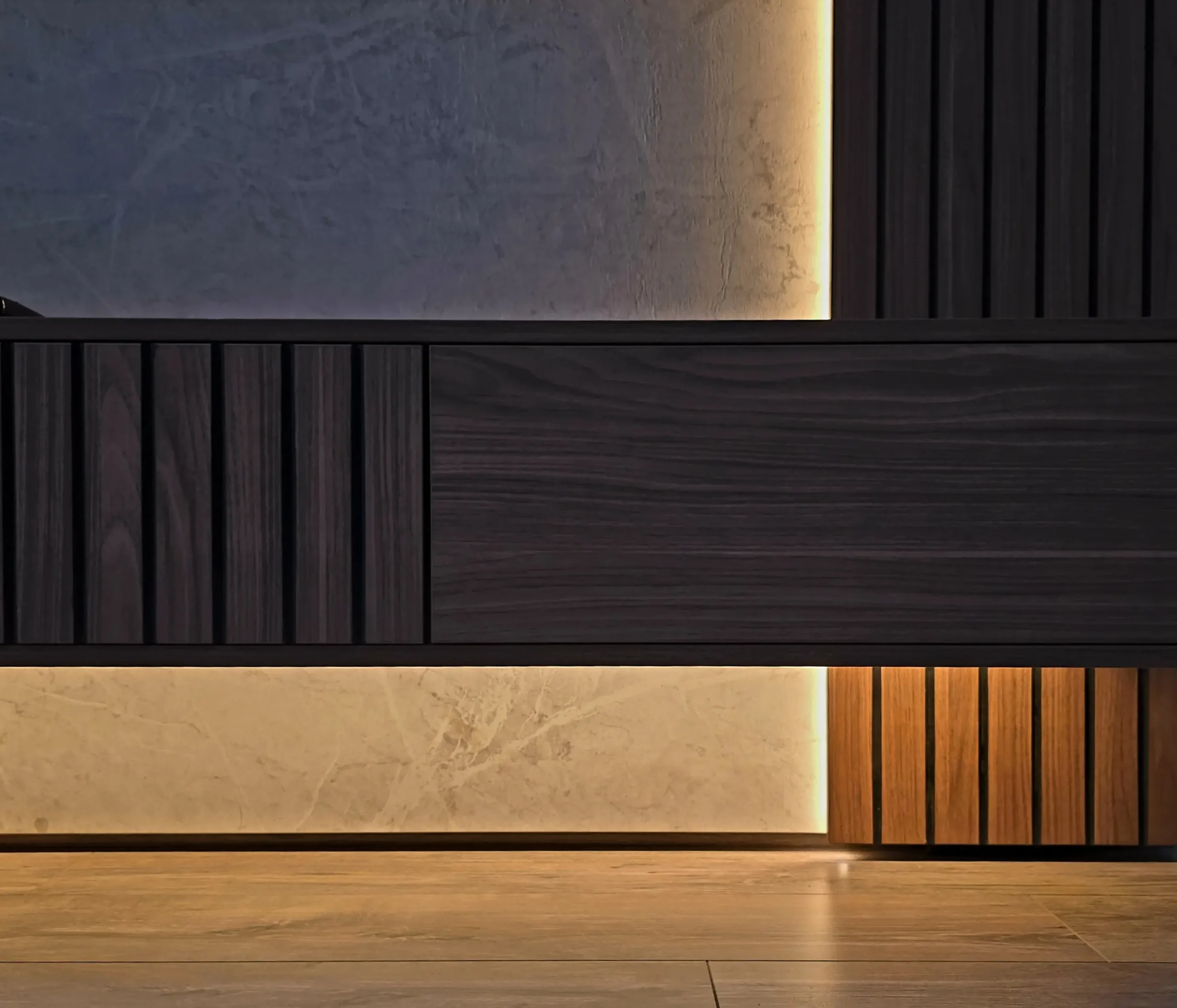 Modern floating vanity with light grey drawer front details and custom timber elements