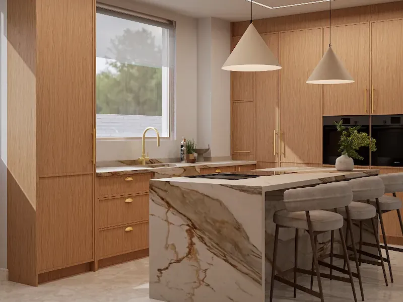 Custom Kitchen Cupboards Johannesburg Timber Cabinetry Custom kitchen cupboards in Johannesburg with warm timber cabinetry, tall storage, integrated appliances and a statement stone island by Oakmont Kitchens & Interiors