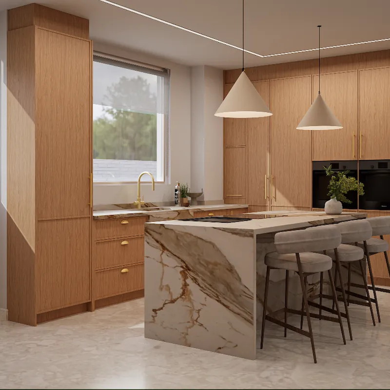 Custom Kitchen Design Johannesburg Luxury Bedfordview kitchen with green cabinetry, timber island, curved slatted detail and contemporary brass accents