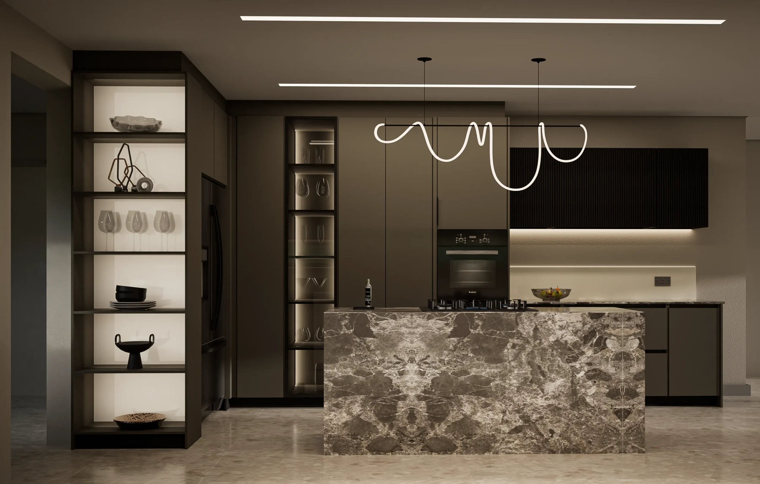 NOIR Kitchen Collection render showing a dark custom kitchen with statement stone island, black fluted cabinetry, integrated appliances and illuminated display shelving