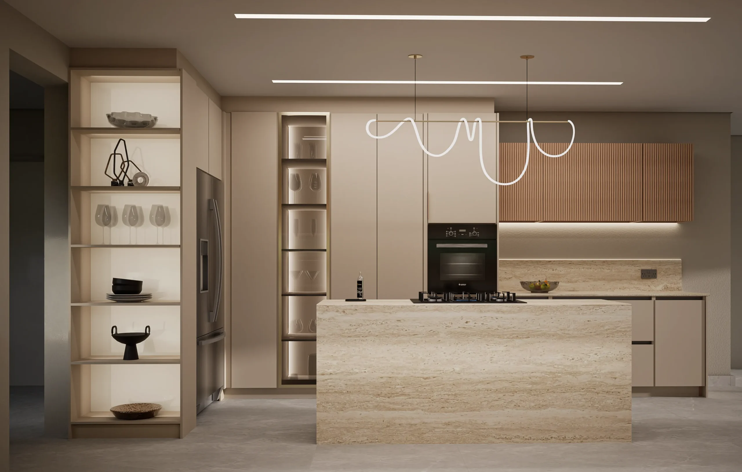 ORO Kitchen Collection render with a statement stone island, fluted timber cabinetry, integrated display shelving and warm neutral kitchen finishes