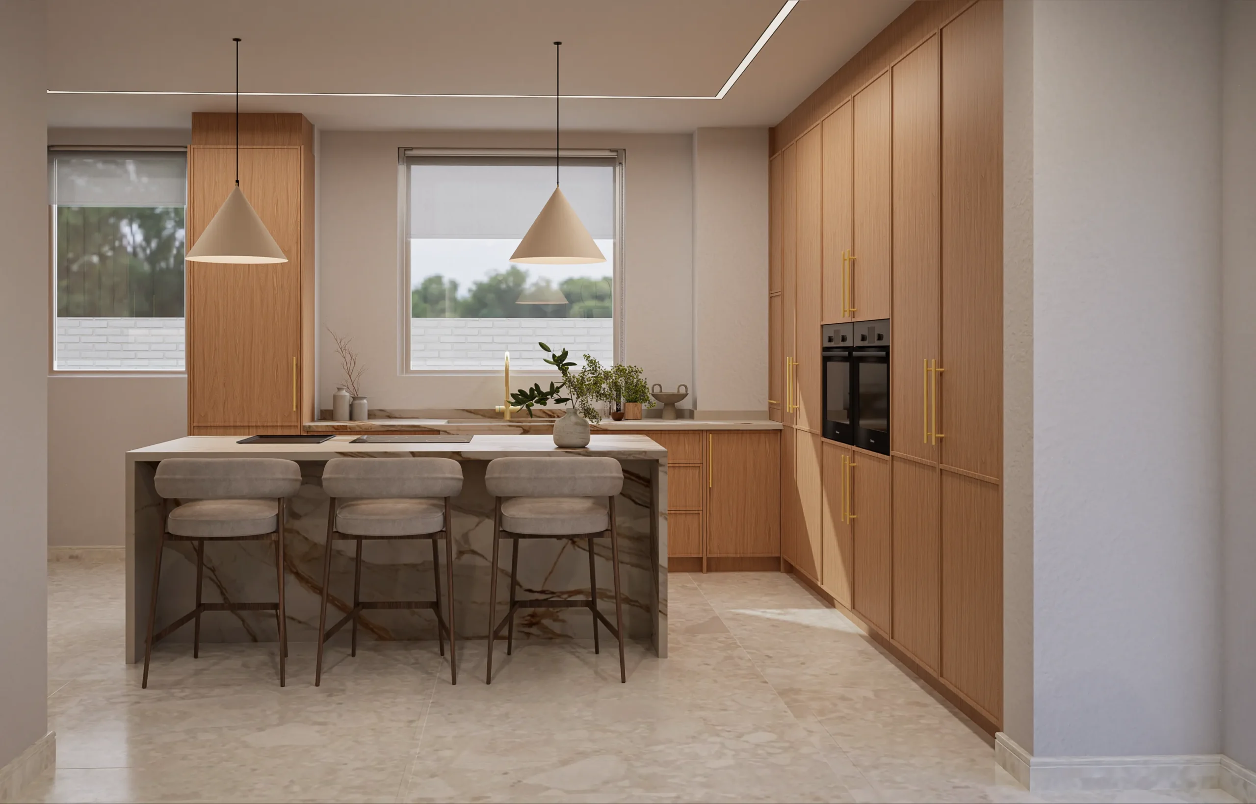 TERRA Kitchen Collection render showing a warm timber custom kitchen with natural stone-look island, tall cabinetry, integrated appliances and soft neutral finishes